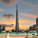 Burj Khalifa against a golden sunset sky