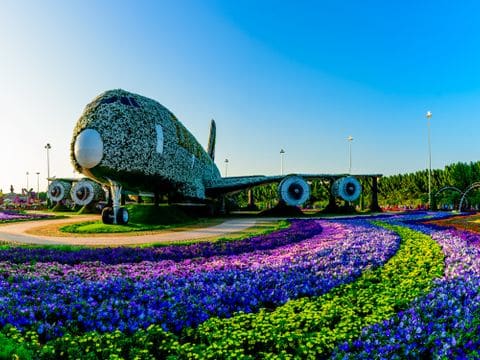 The Emirates A380 covered in flowers at Dubai Miracle Garden