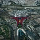 The red roof of Ferrari World Abu Dhabi from above