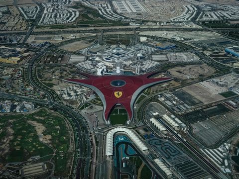 The red roof of Ferrari World Abu Dhabi from above