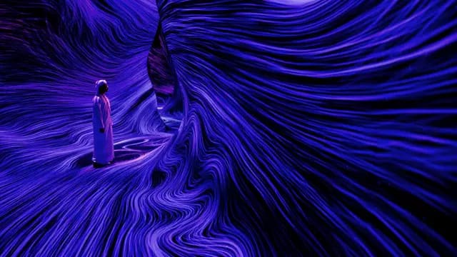 A visitor standing among flowing violet lines of light inside teamLab Phenomena Abu Dhabi